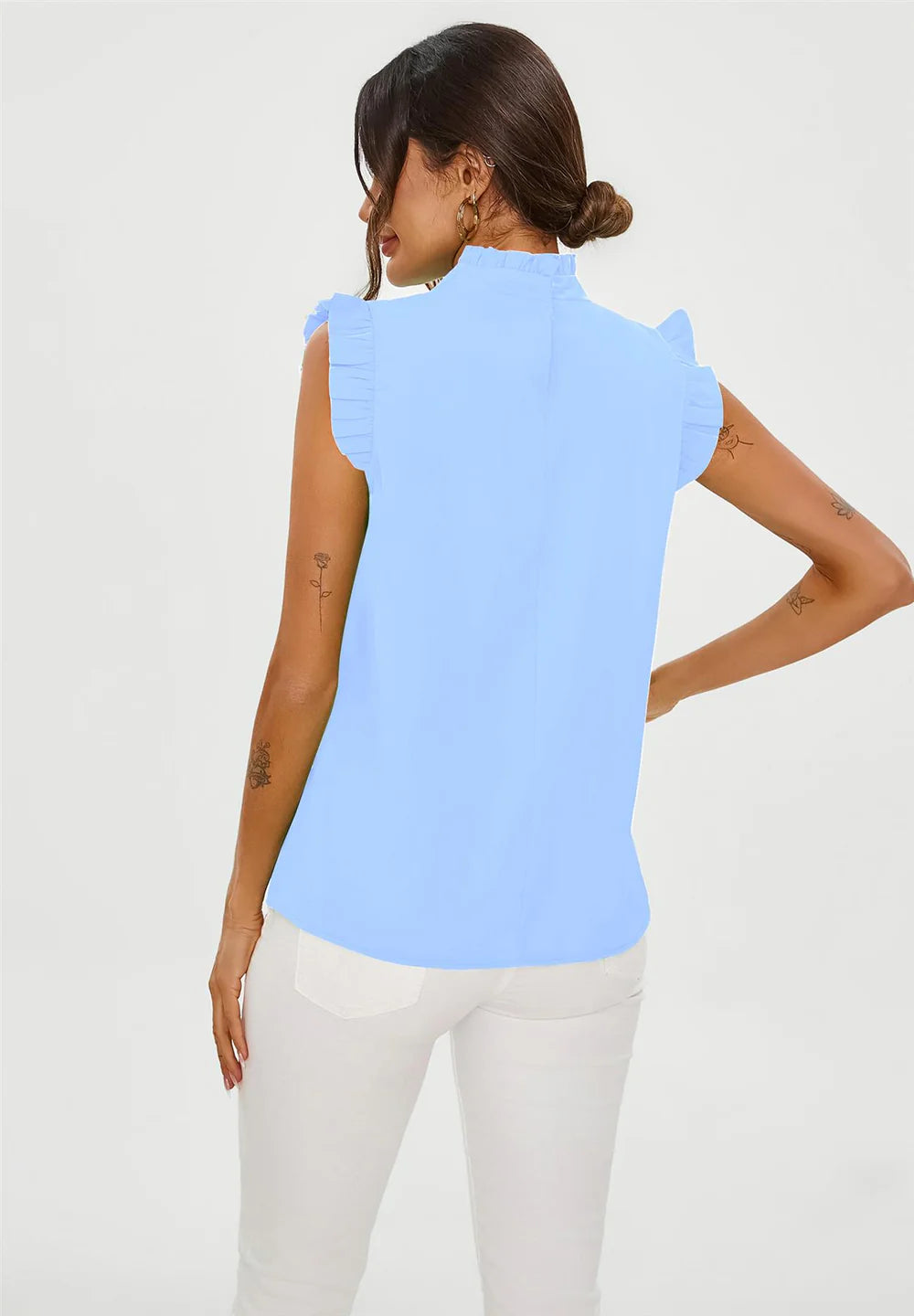 Frill Trim Sleeve High Neck Blouse in Light Blue