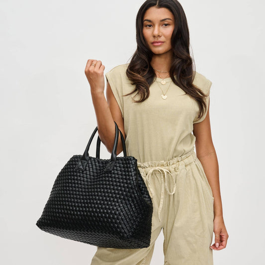 Ithaca Woven Vegan Leather Tote: Black