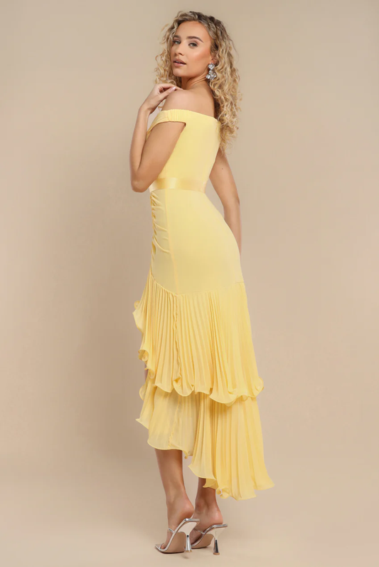 Pleated Bardot Midi Dress in Lemon