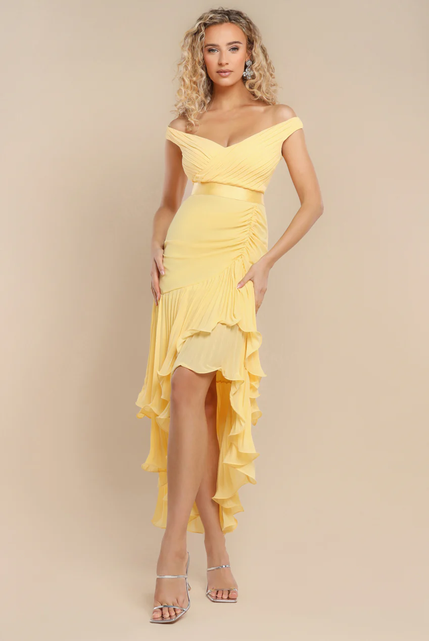 Pleated Bardot Midi Dress in Lemon