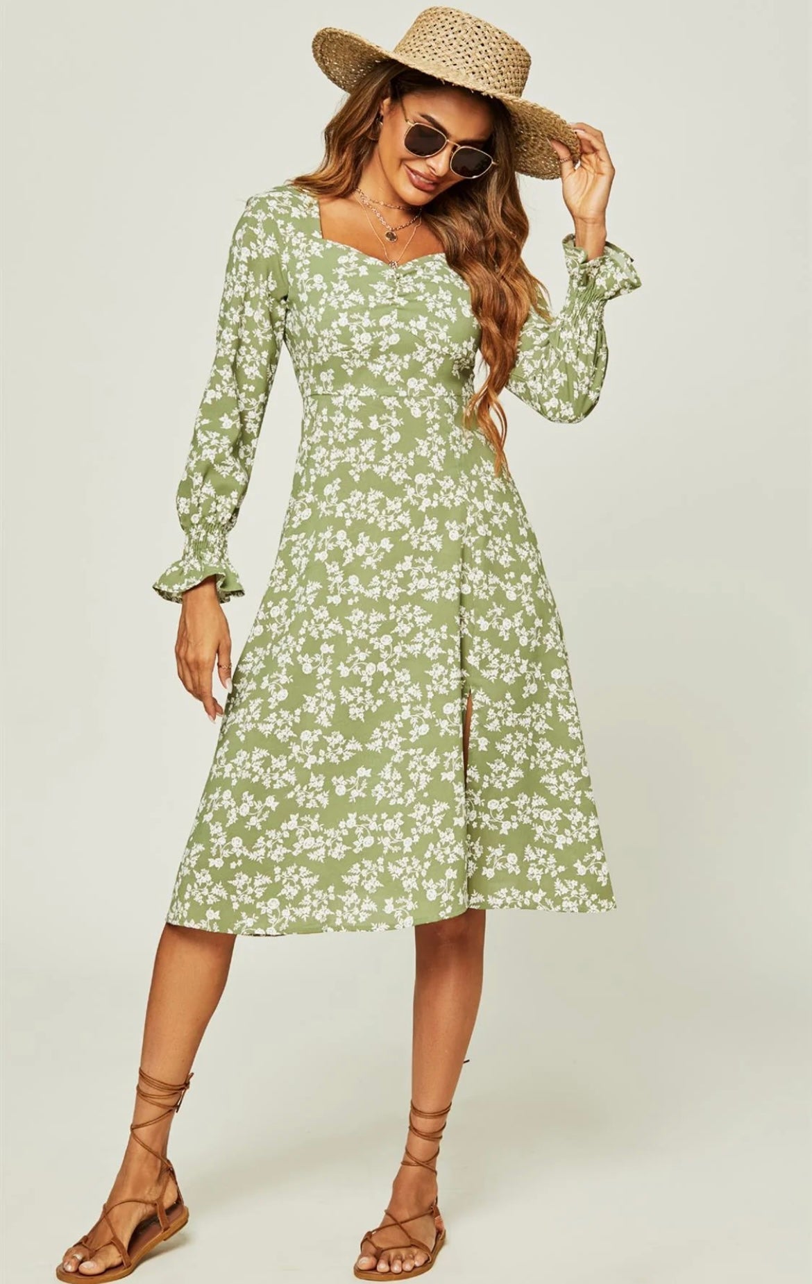Midi Dress in Green Floral Print