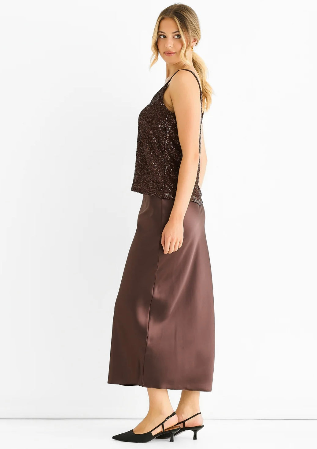 Sequin cami top in Chocolate