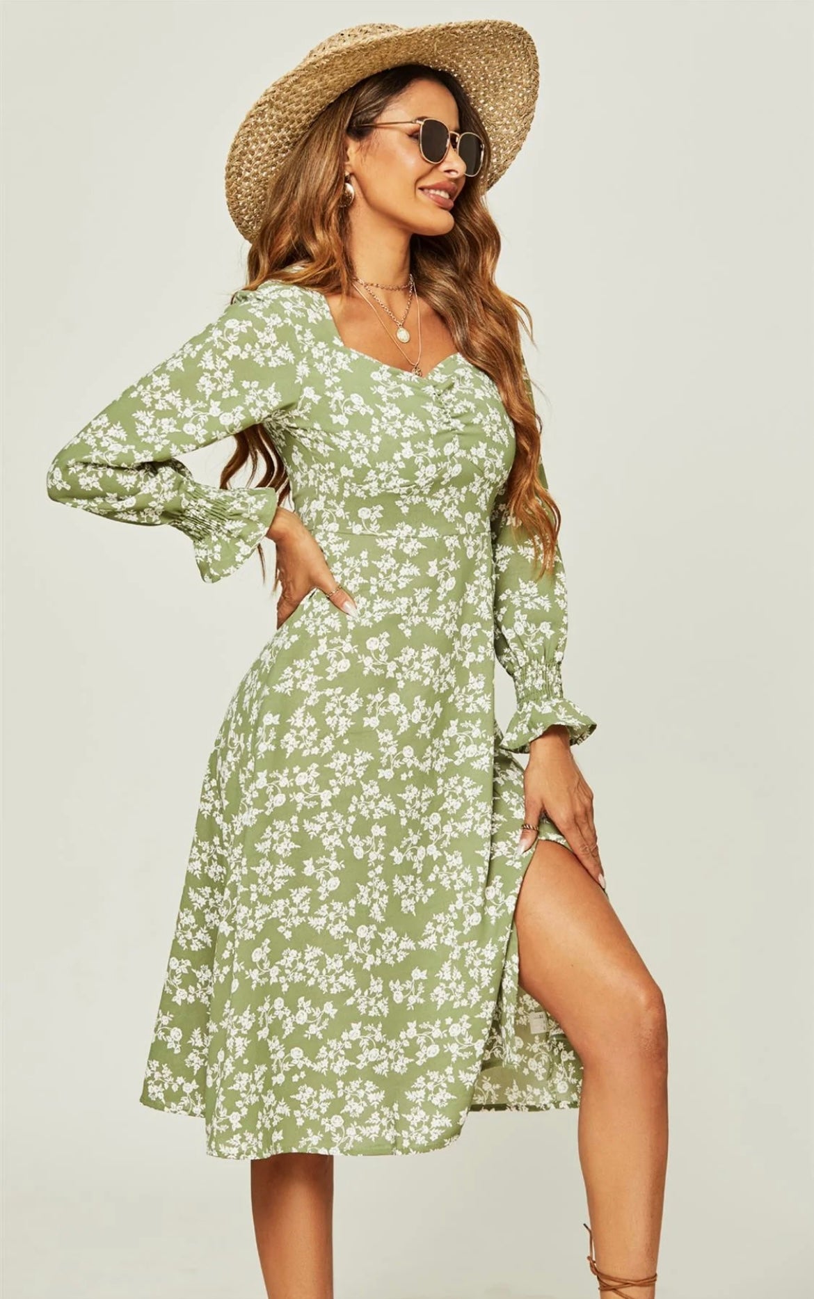 Midi Dress in Green Floral Print