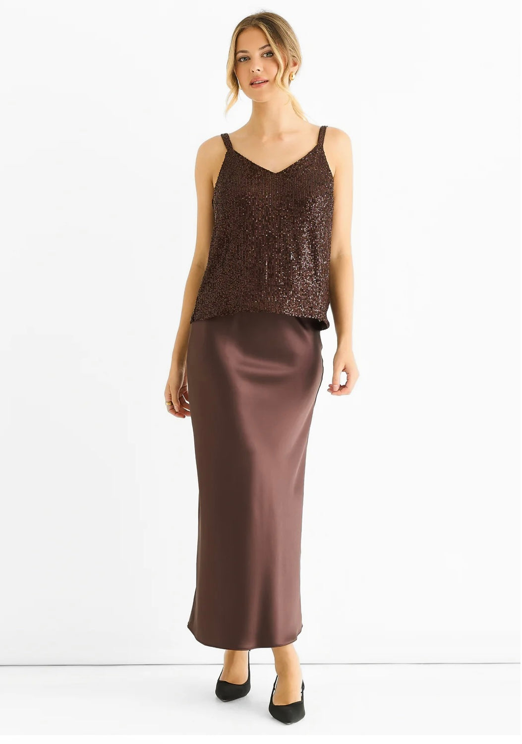 Sequin cami top in Chocolate