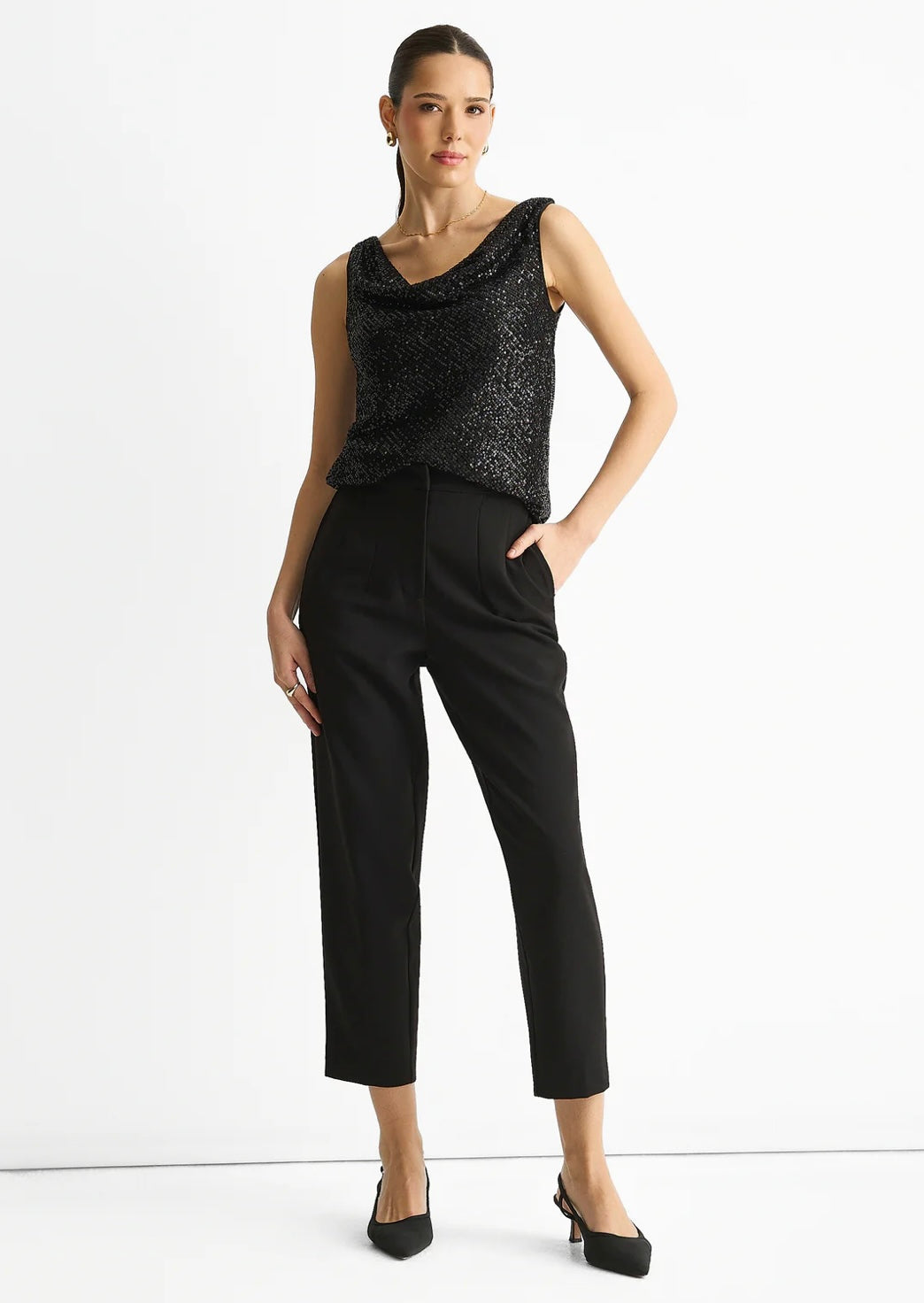 Sequin cowl neck top in Black