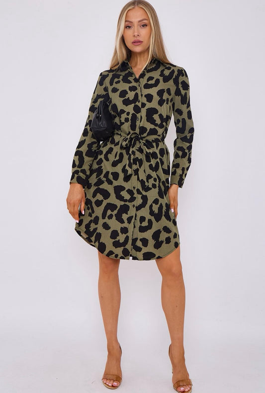 Leopard Print Mini Shirt Dress in Khaki