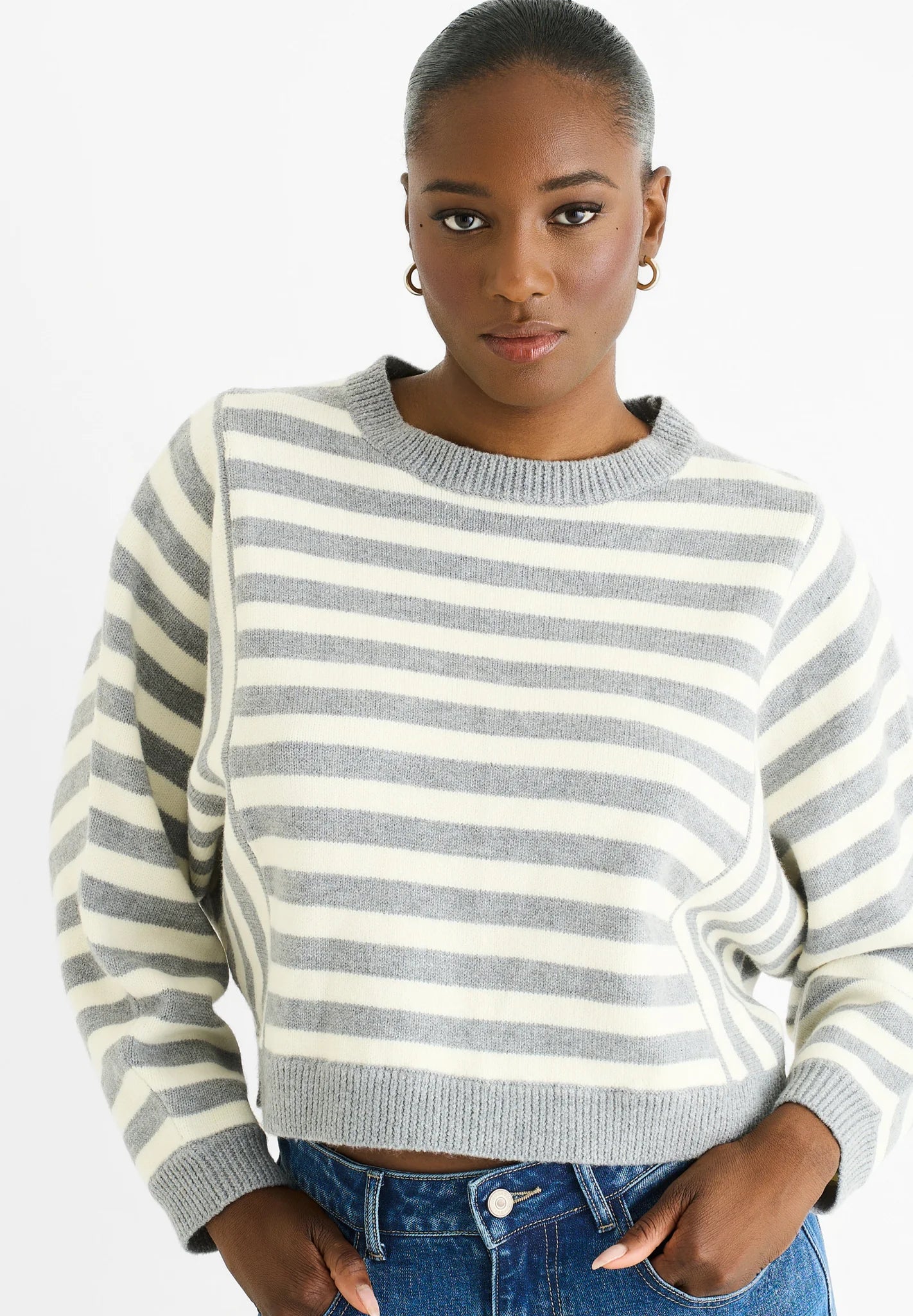 Grey Contrast Stripe Loose Fit Knit Jumper