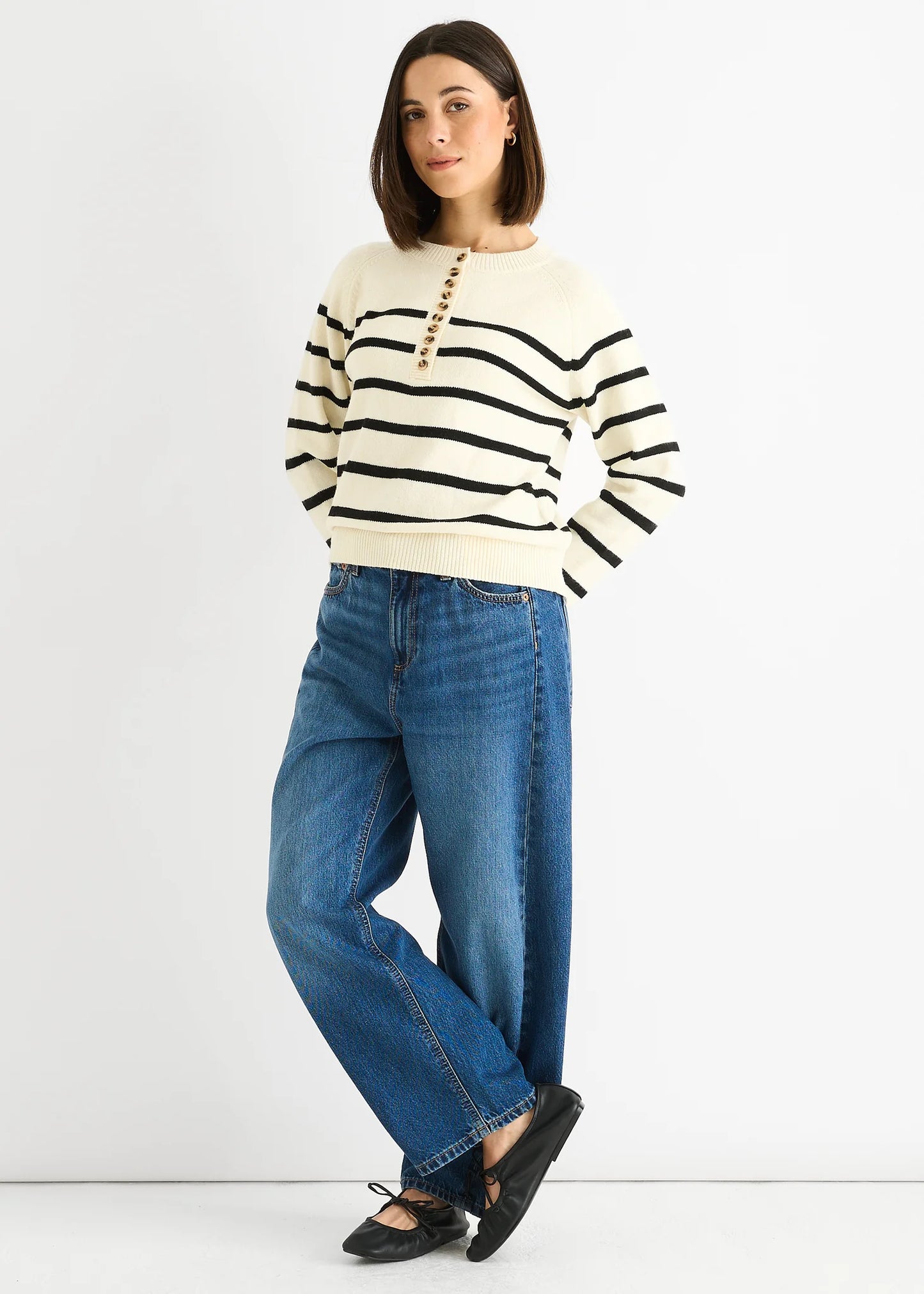 Cream Stripe Button Up Loose Fit Knit Jumper