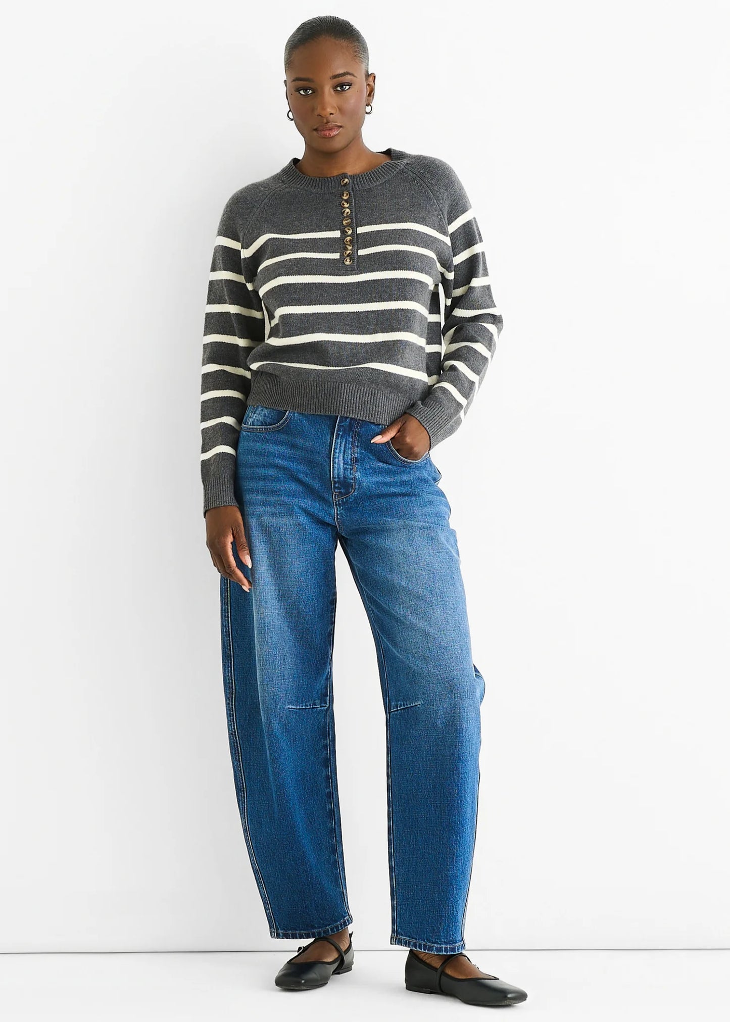 Grey Stripe Button Up Loose Fit Knit Jumper