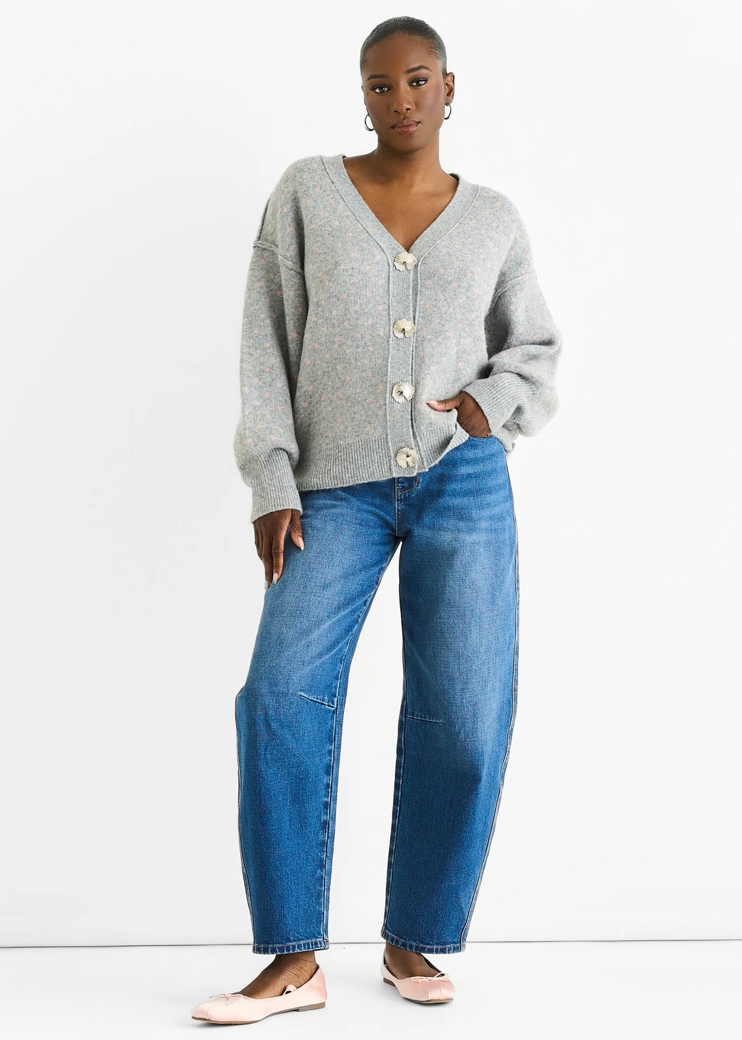 Grey Spot Print Button Cardigan