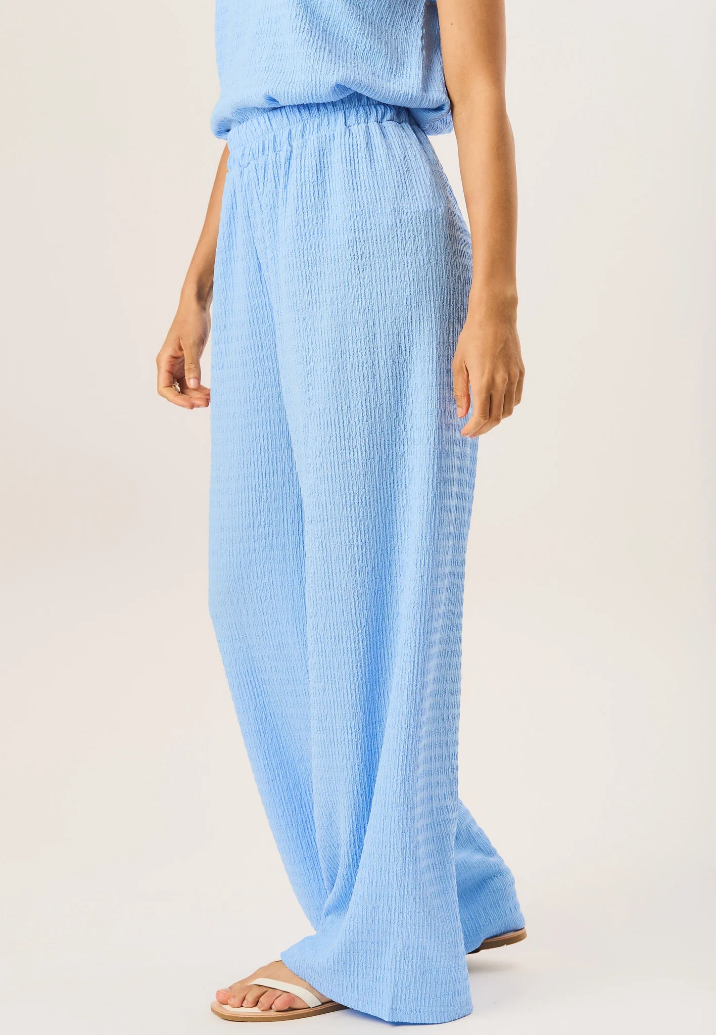 Blue Textured Elastic Waist Pull On Trousers