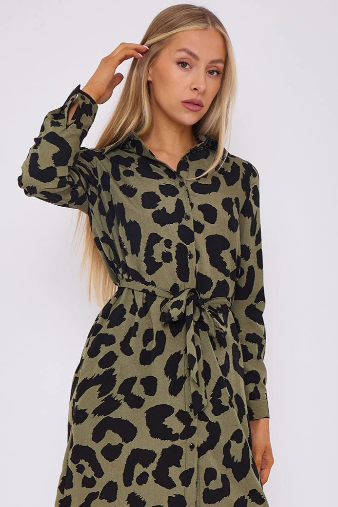 Leopard Print Mini Shirt Dress in Khaki