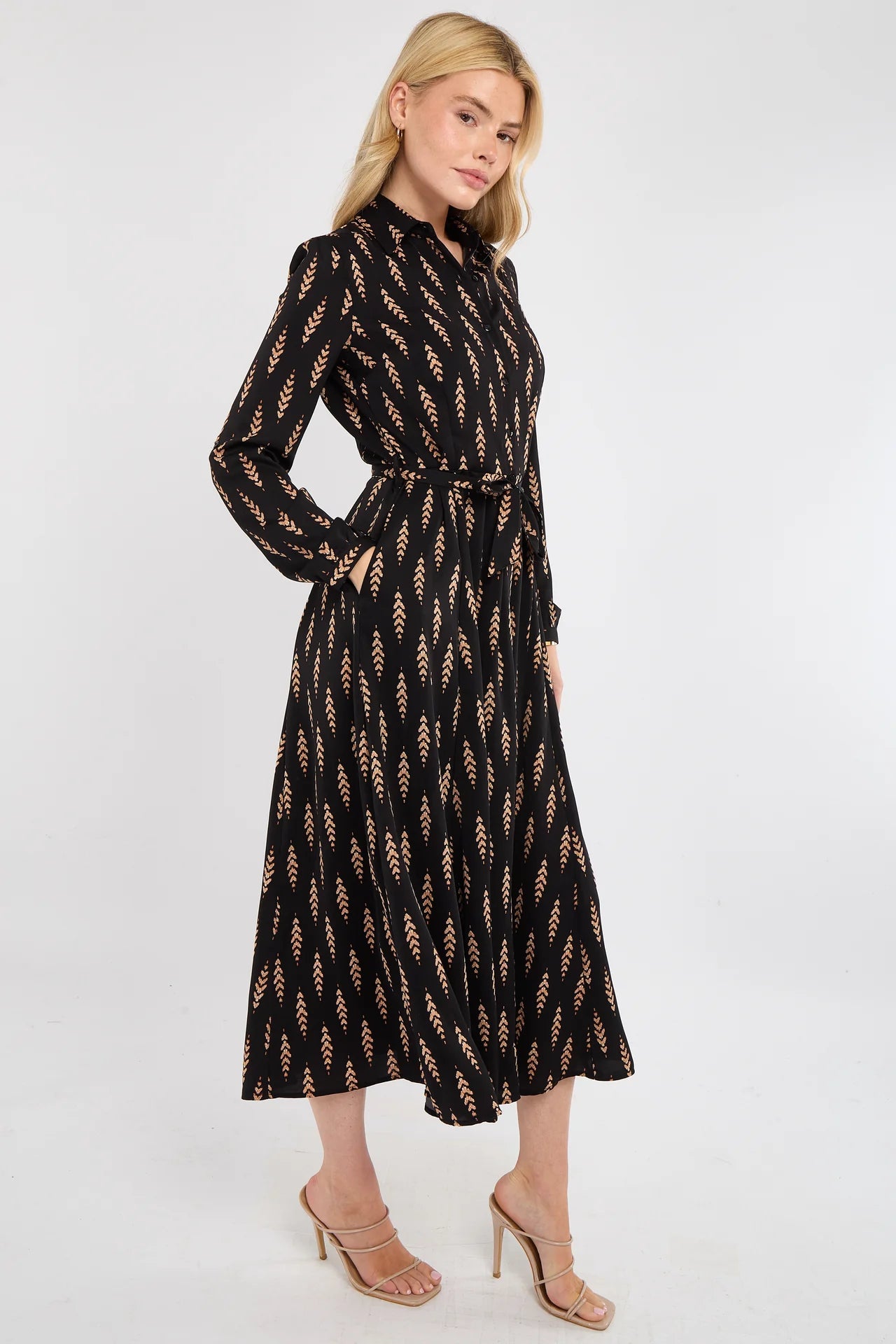 Tan Chevron Print Midaxi Dress