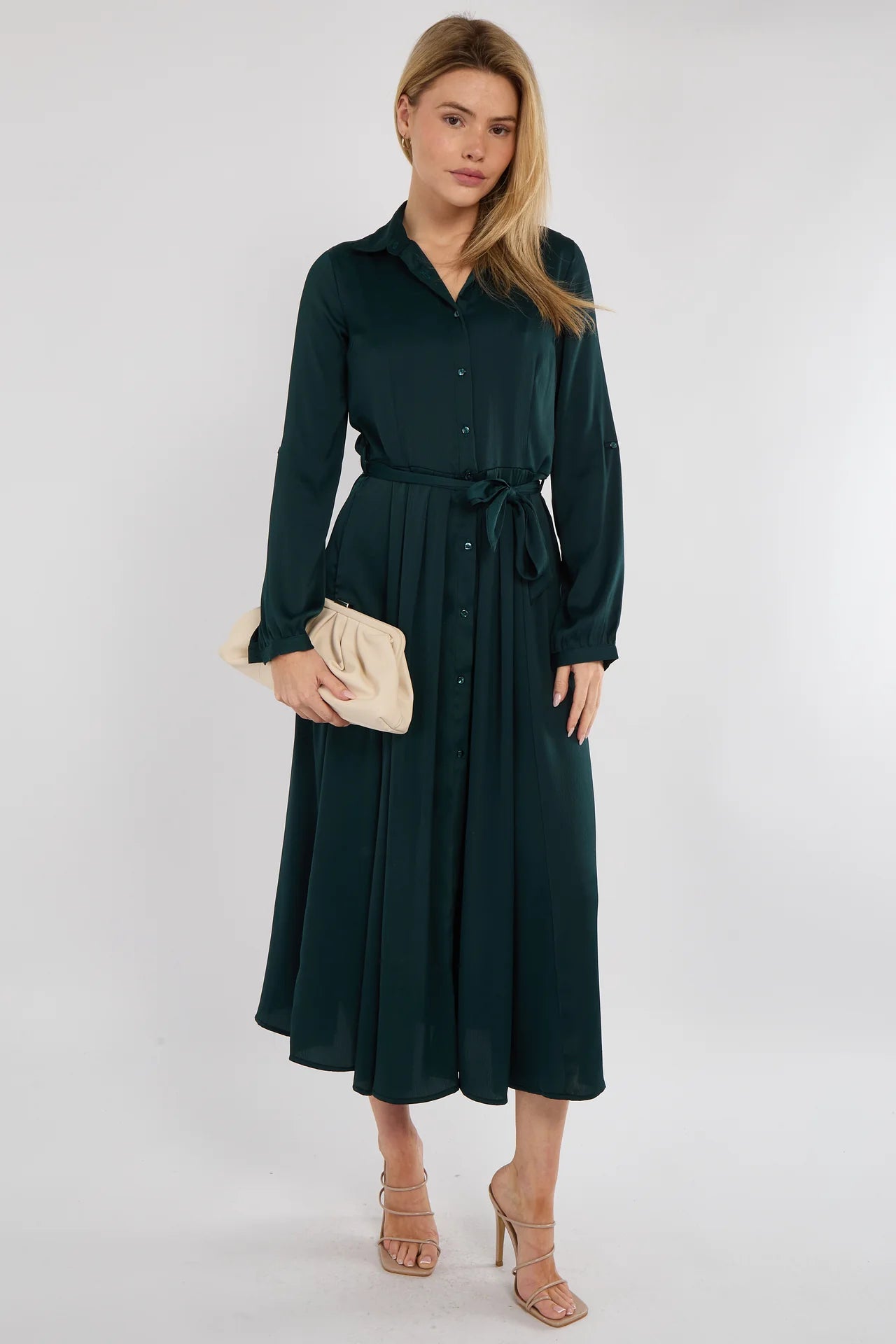Emerald Layered Satin Shirt Dress