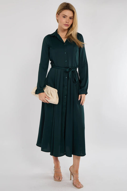Emerald Layered Satin Shirt Dress