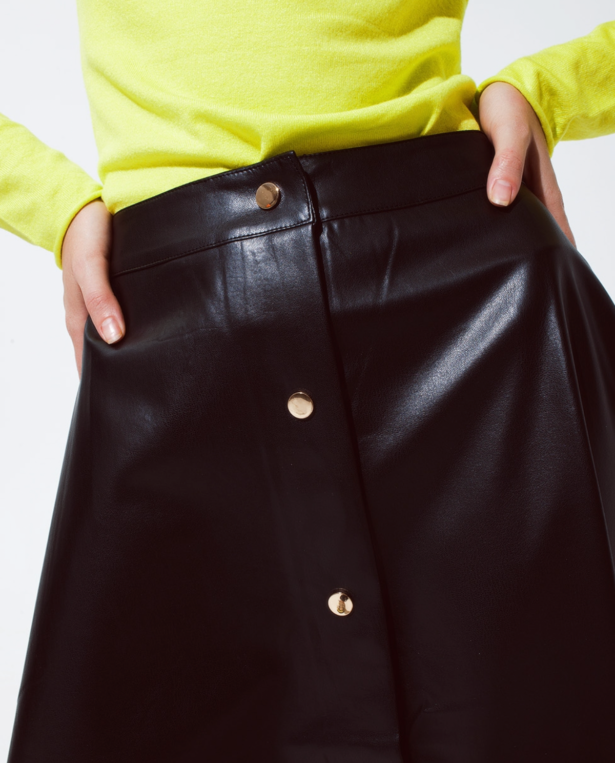 Leather Style Button Midi Skirt in Black