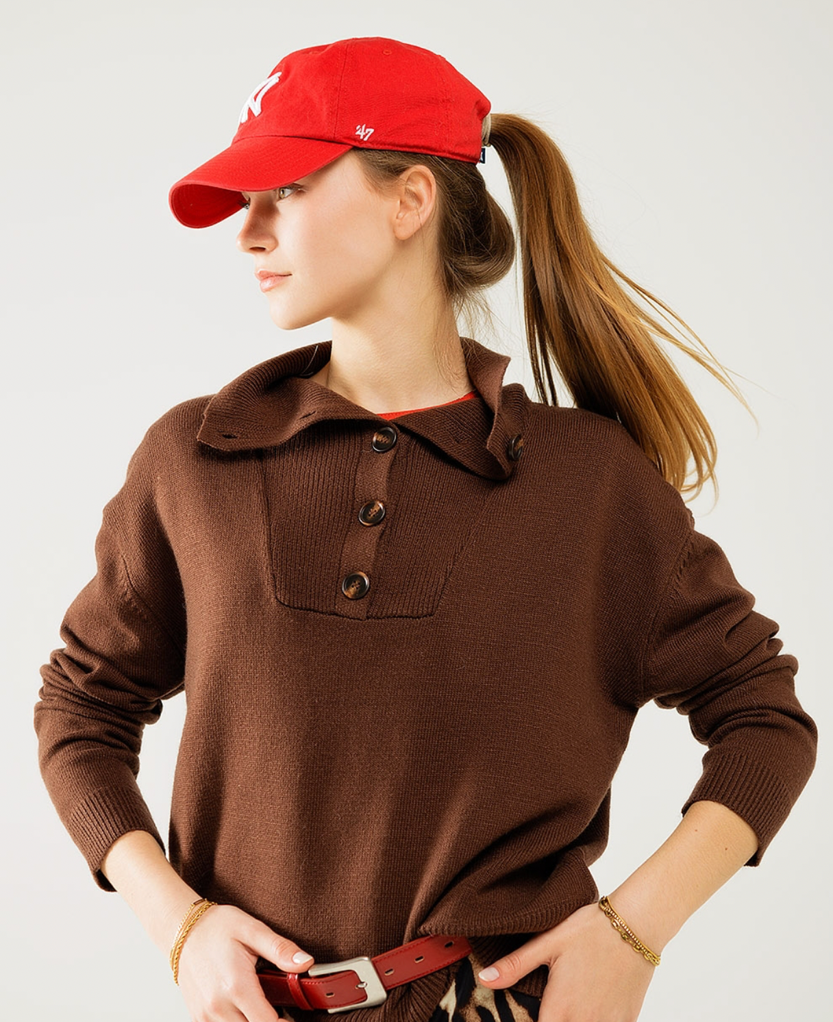 Brown jumper with Half button closure