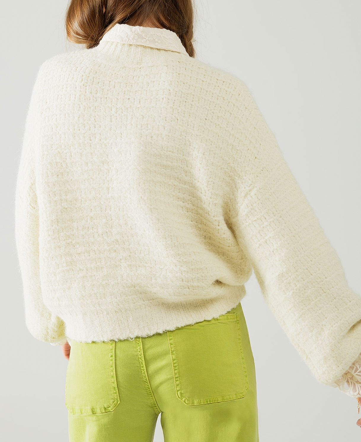 Beige Knit Sweater with balloon Sleeves