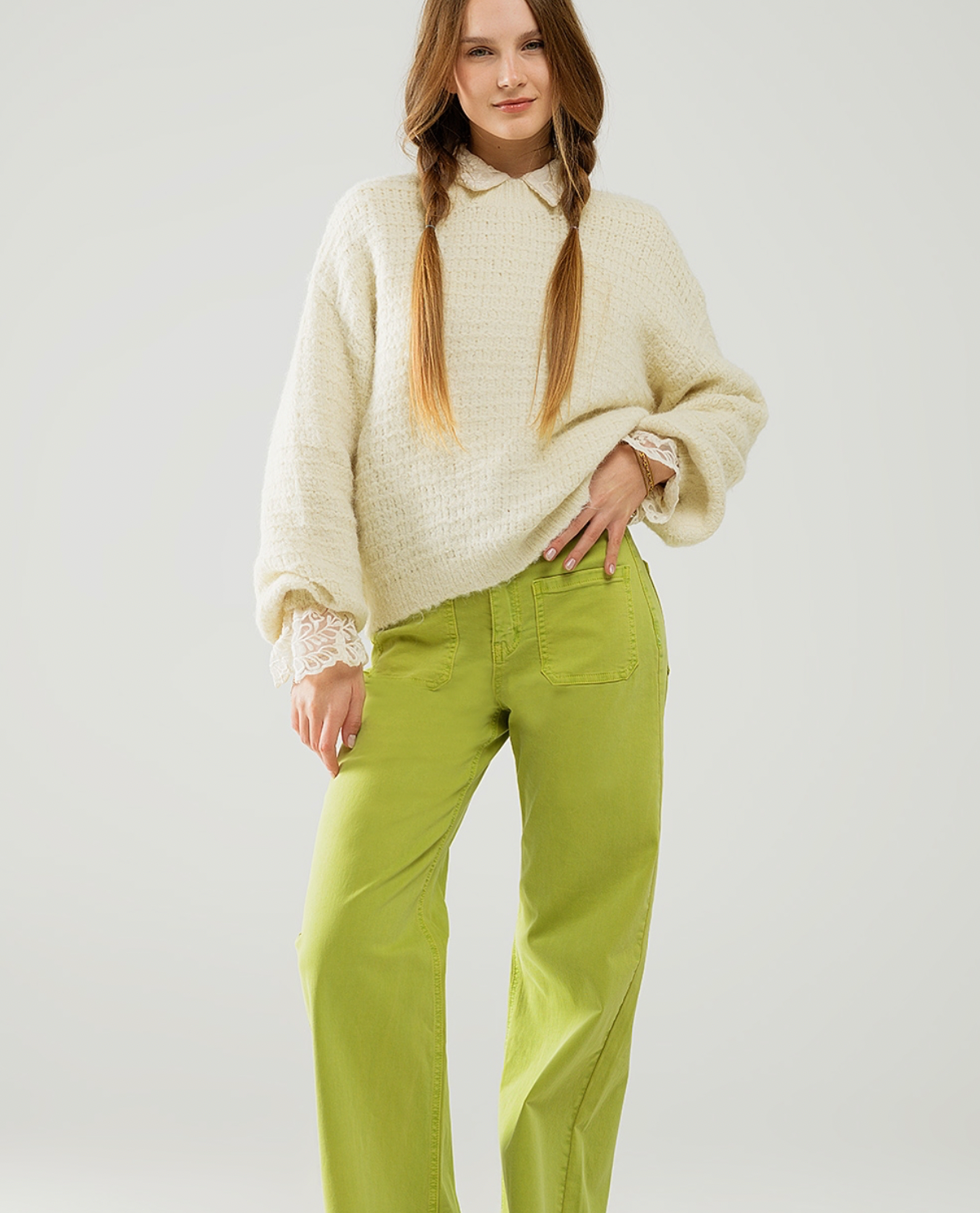Beige Knit Sweater with balloon Sleeves