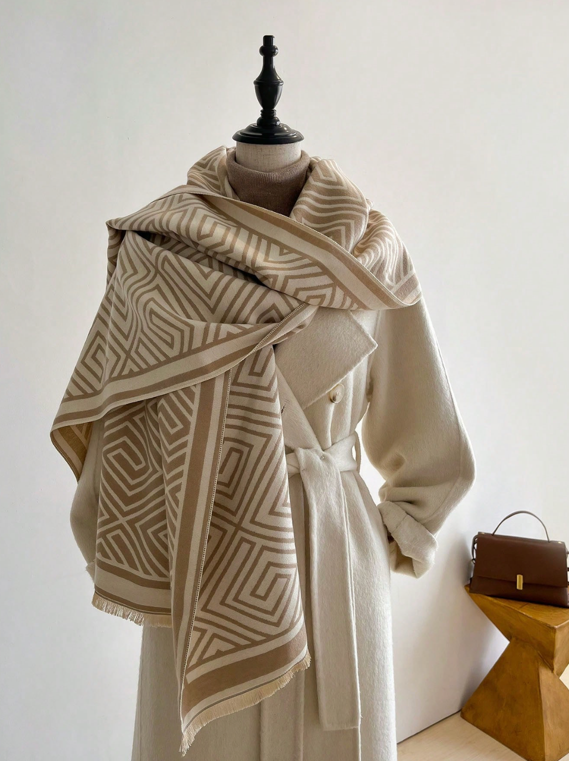 Geometric Shawl Scarf in Cream and Tan
