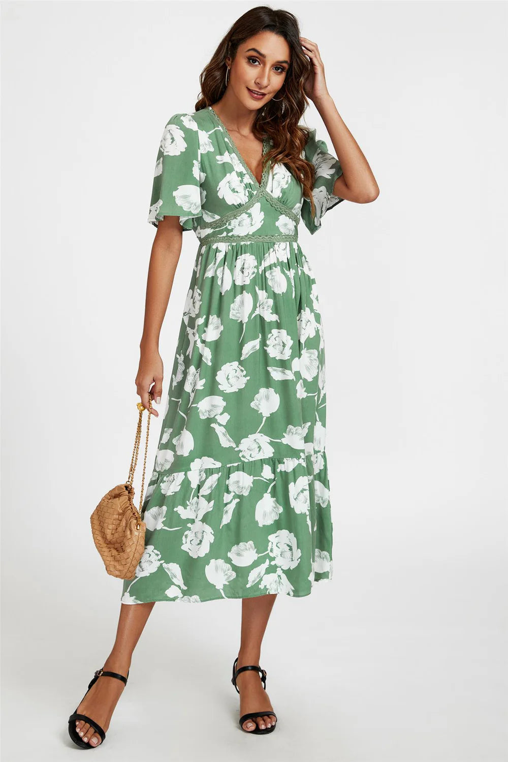 White Floral Print Midi Dress In Green