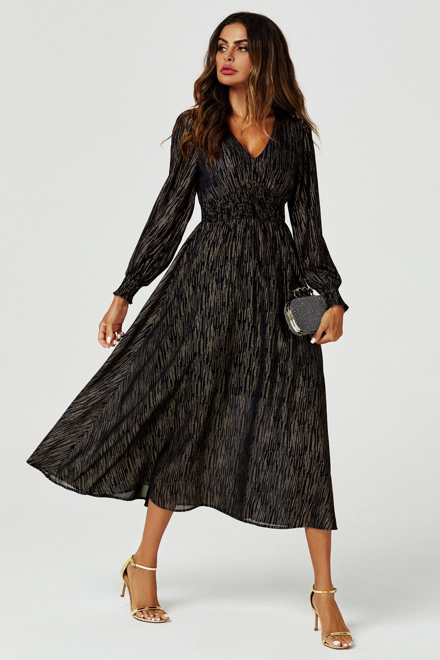 Gold Stripe Foil Long Sleeve Dress In Black