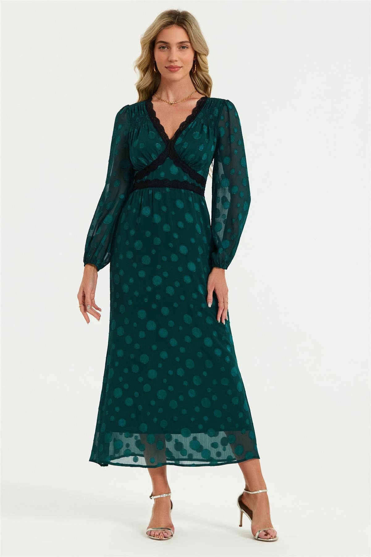Jacquard Lace Trim Dress In Green