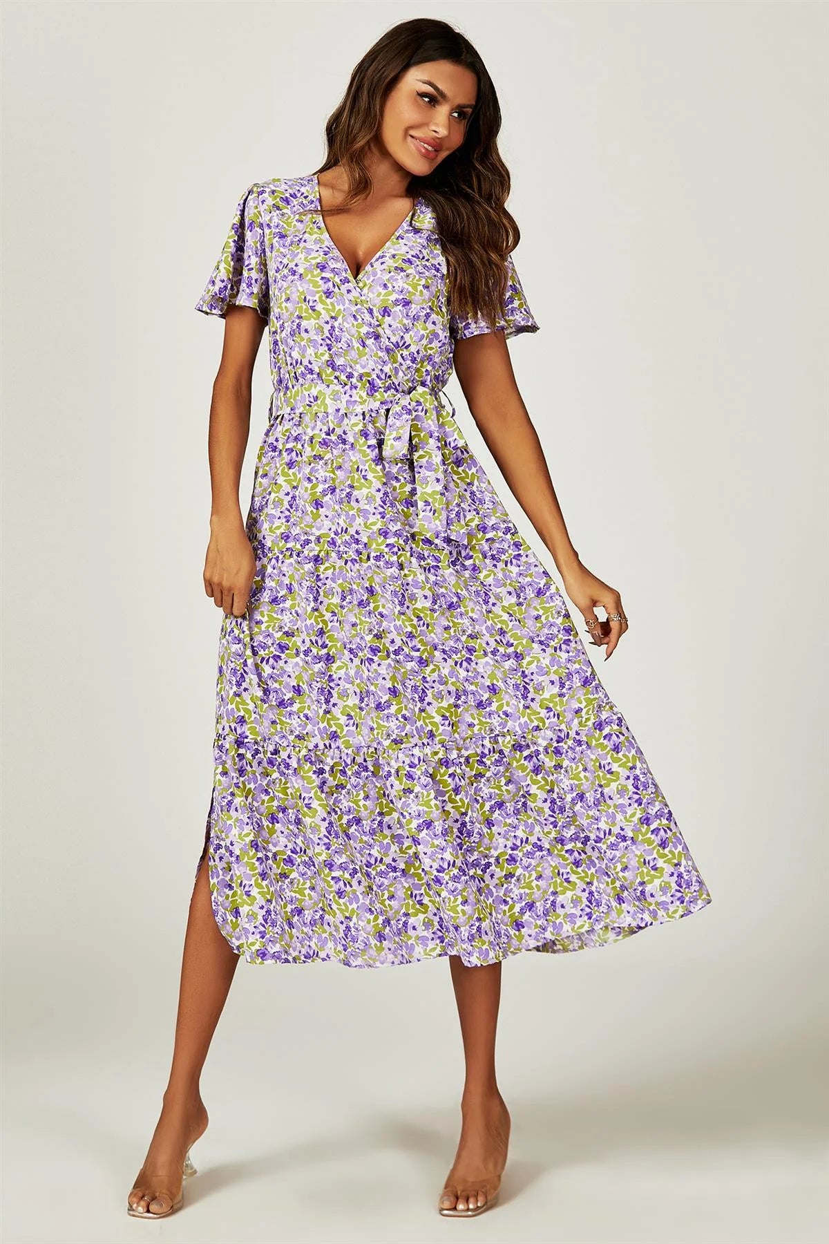 Floral Print Wrap Dress in Purple
