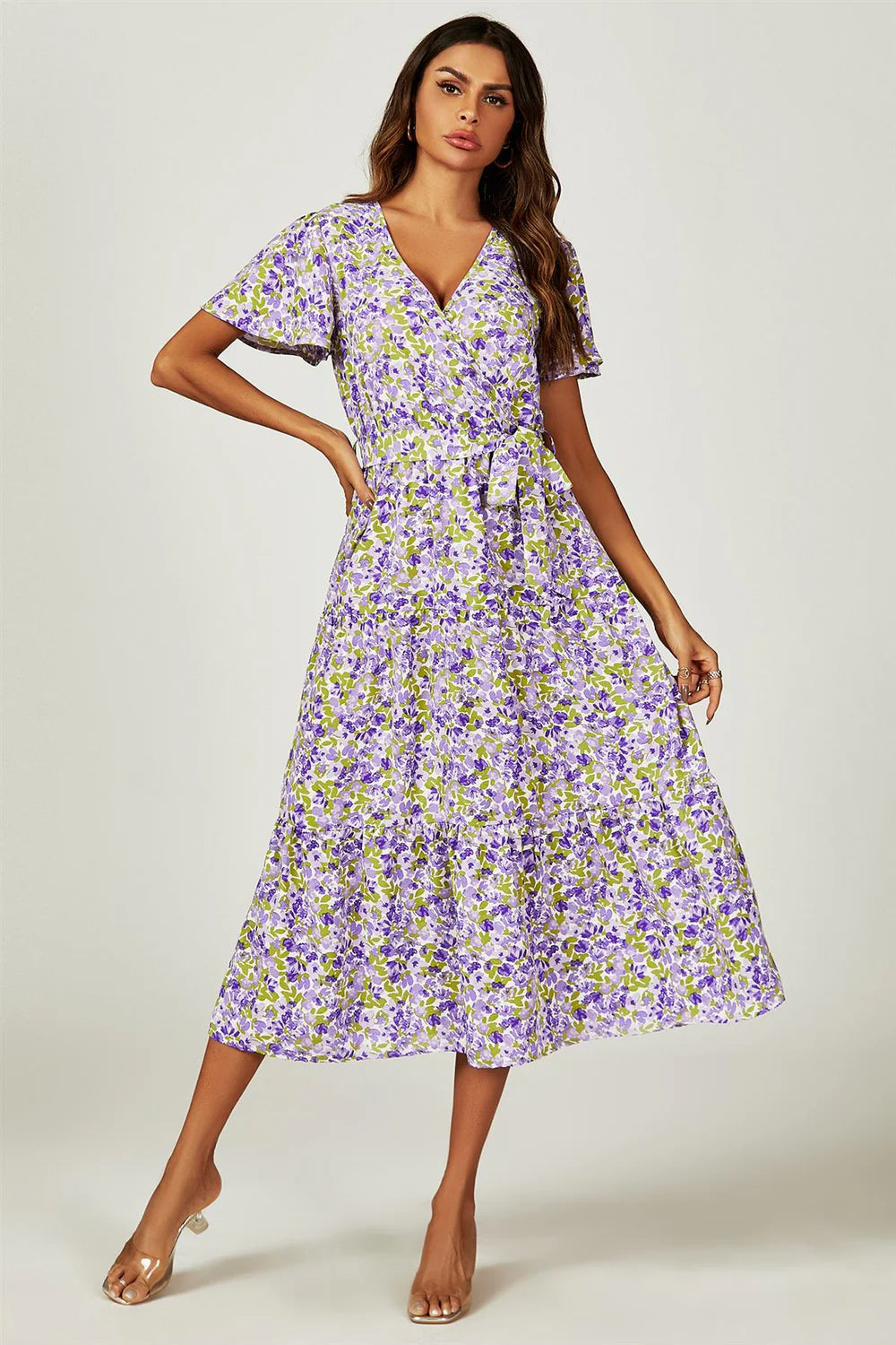 Floral Print Wrap Dress in Purple
