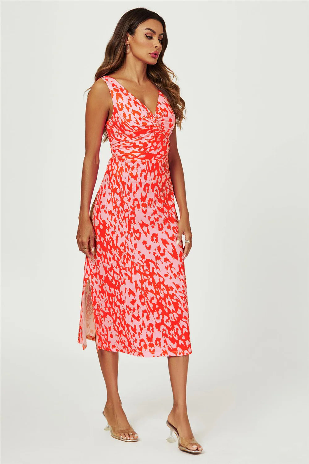 Leopard Print V Neck Knot Front Midi Dress In Pink