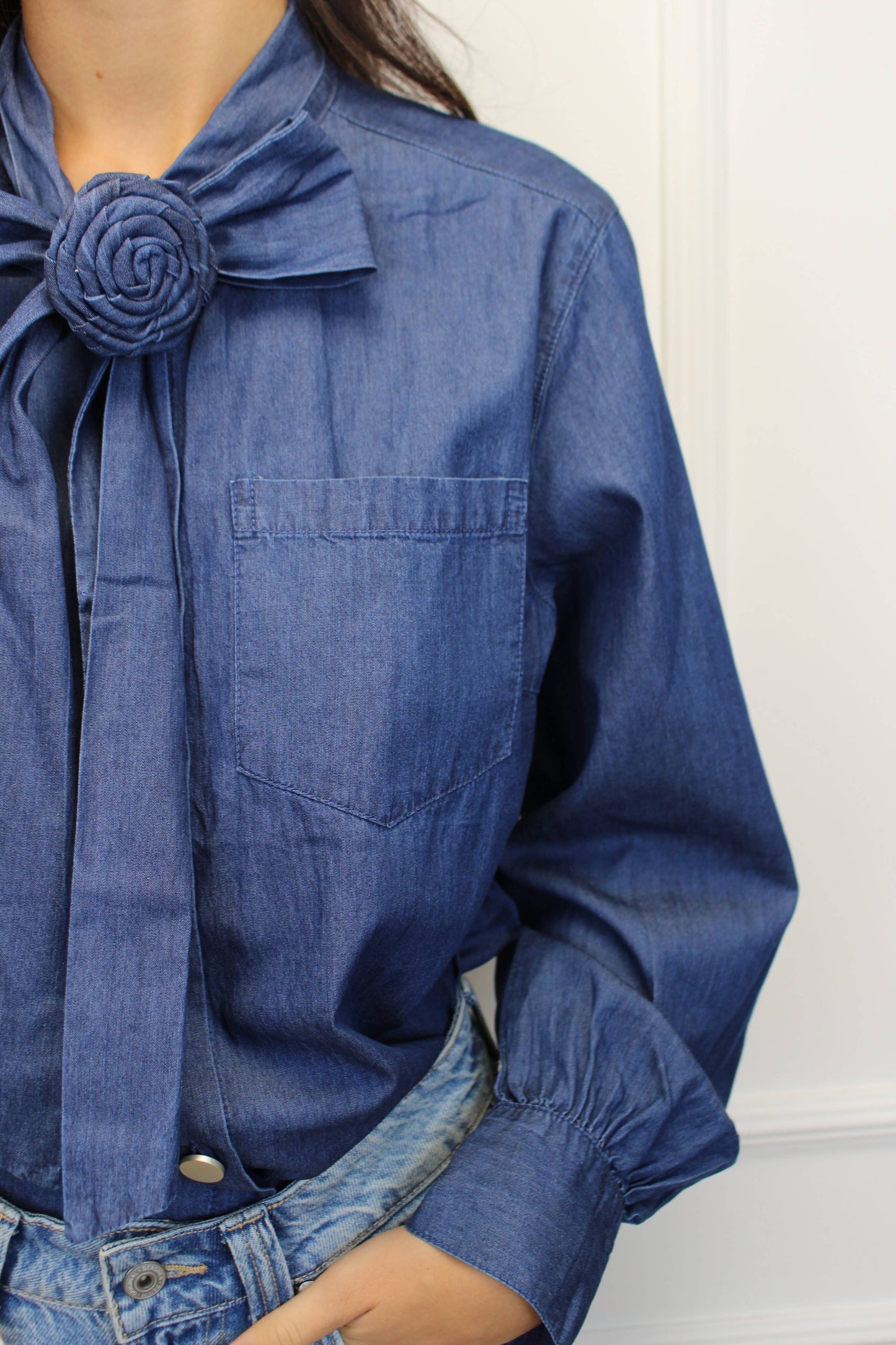 Denim shirt with rose neck tie in Dark Blue