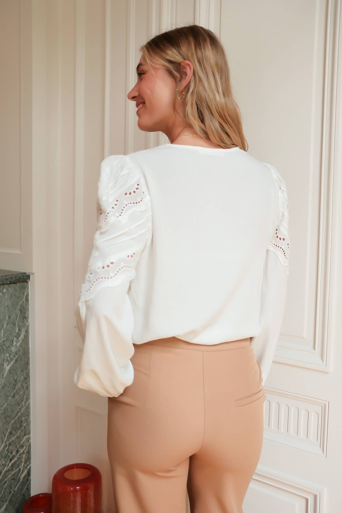 Long-sleeve embroidered blouse in white