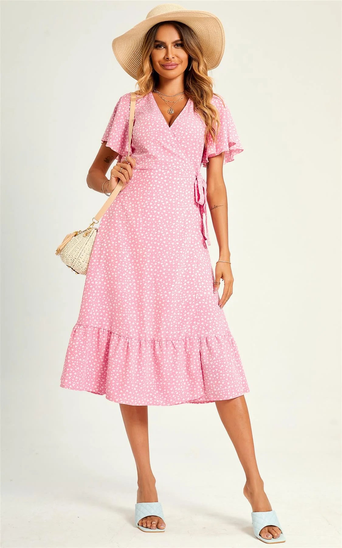 Heart Print Wrap Midi Dress In Pink