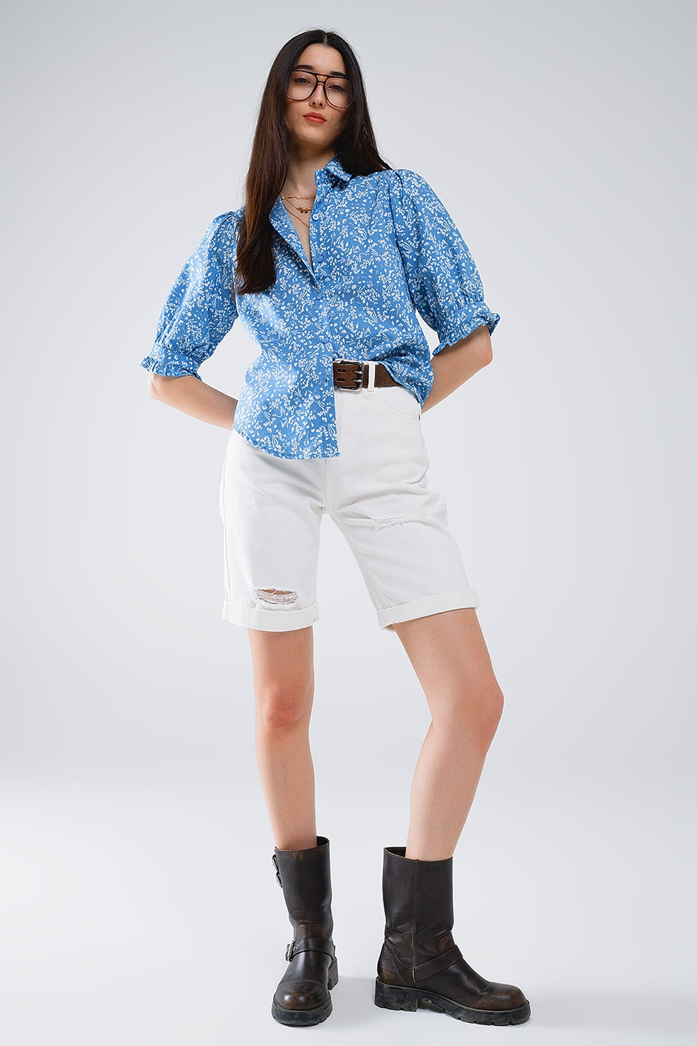 Blue Blouse with Floral Detail