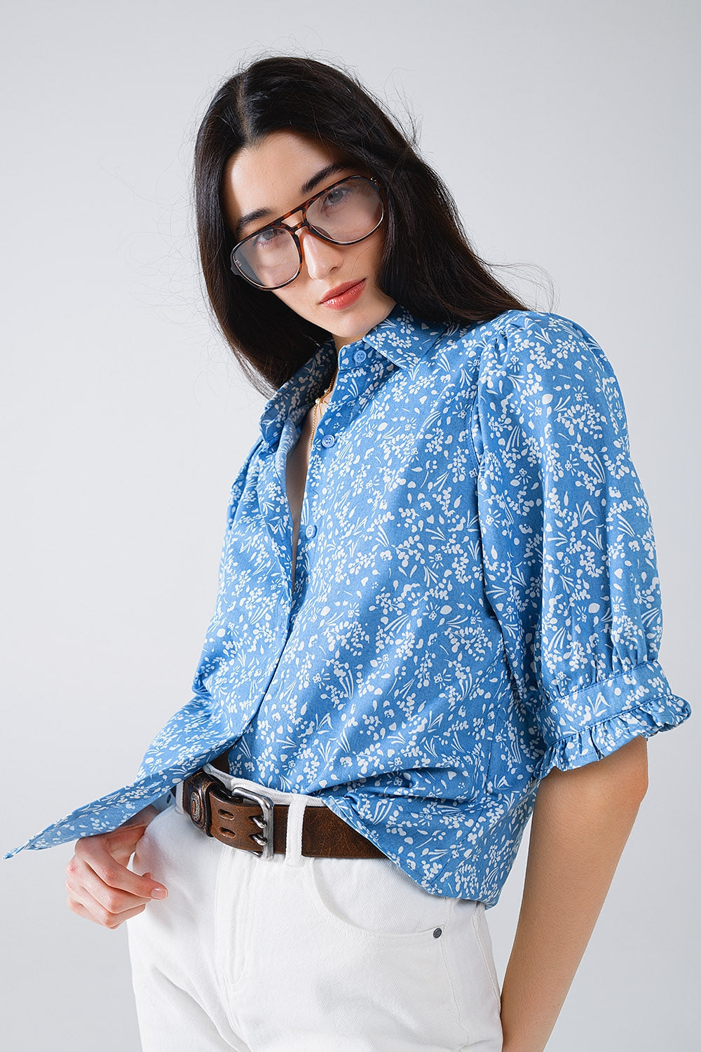 Blue Blouse with Floral Detail