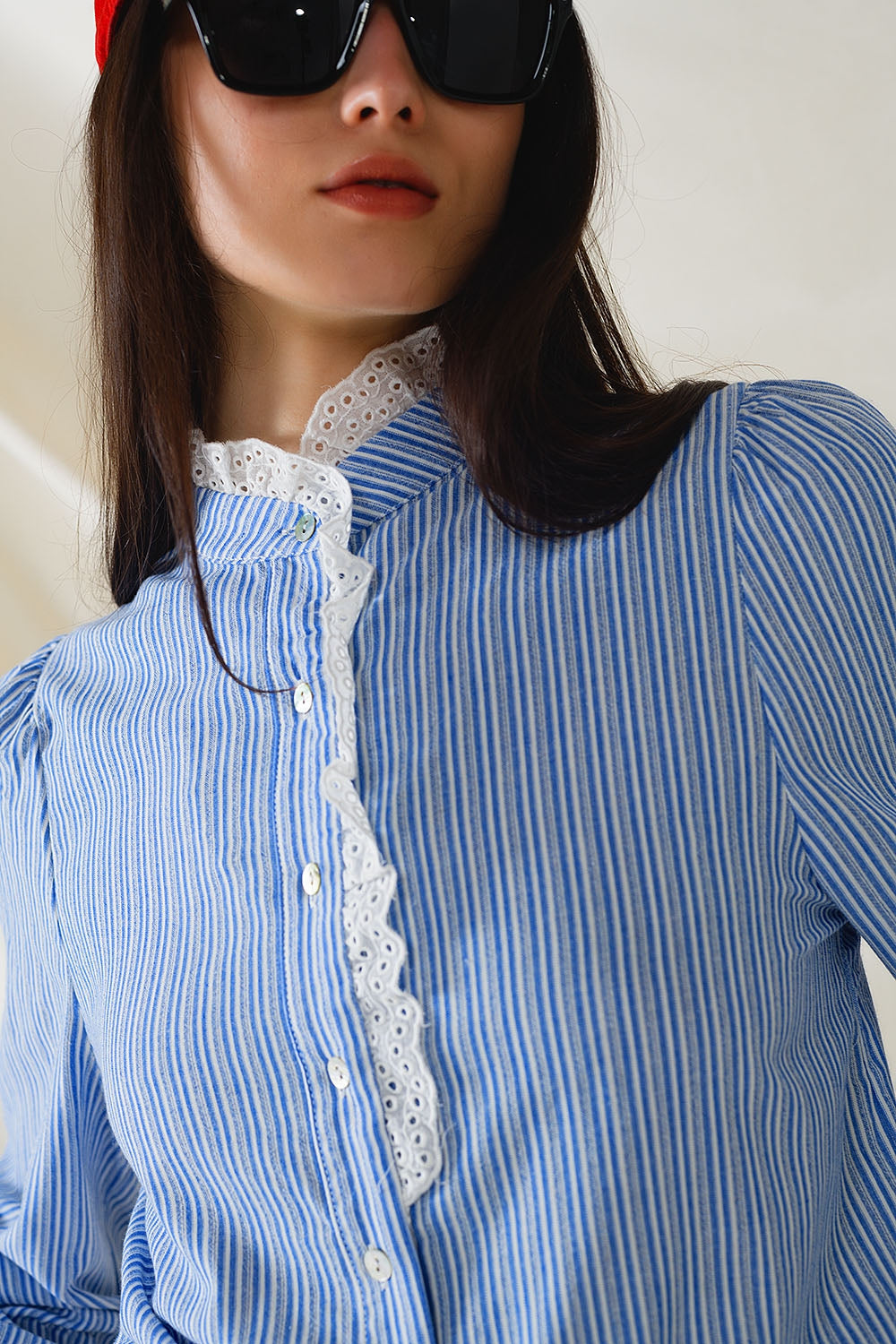 Striped Shirt in Blue with Lace Detail