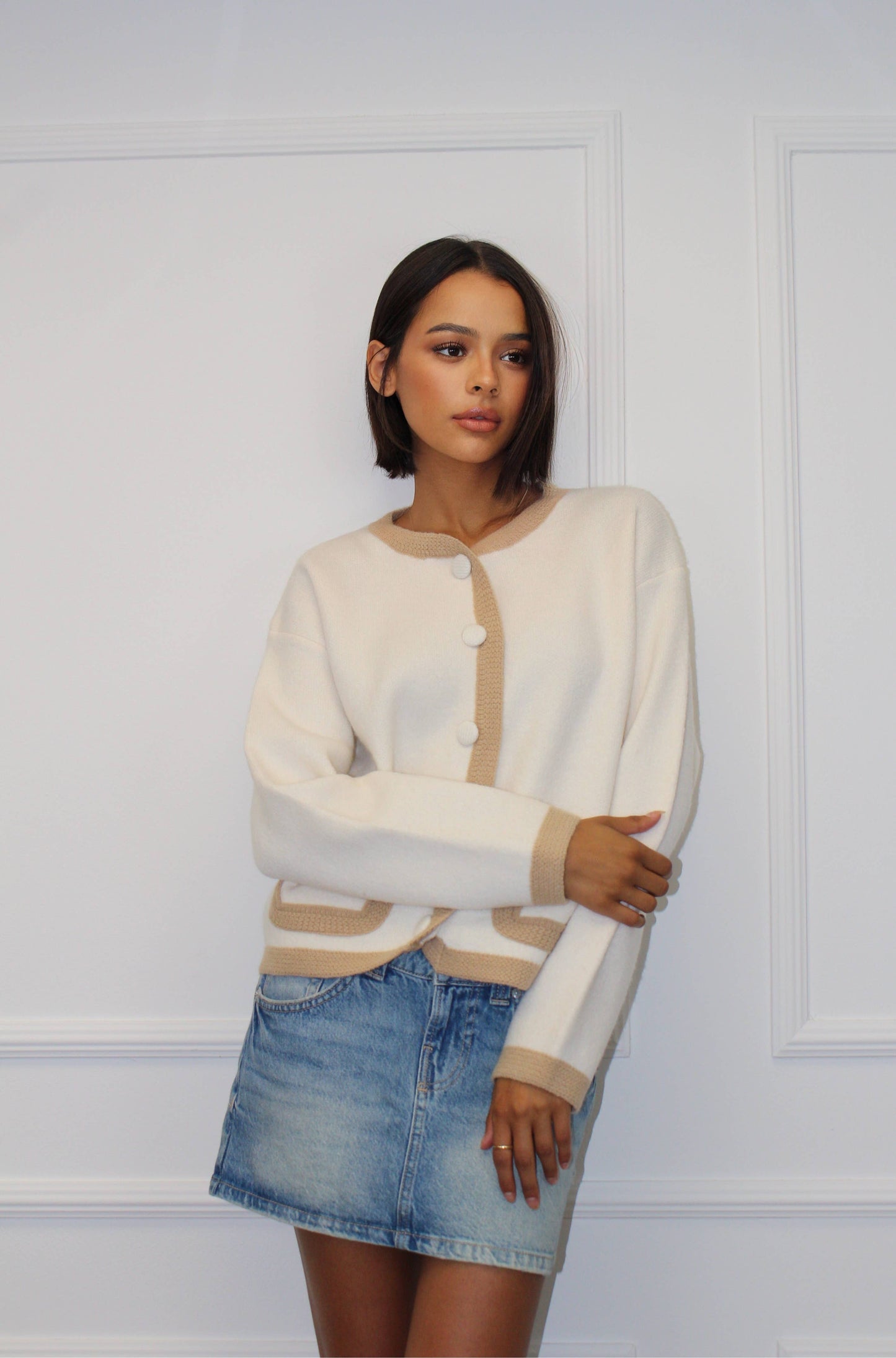 Round neck button through cardigan in Off-White