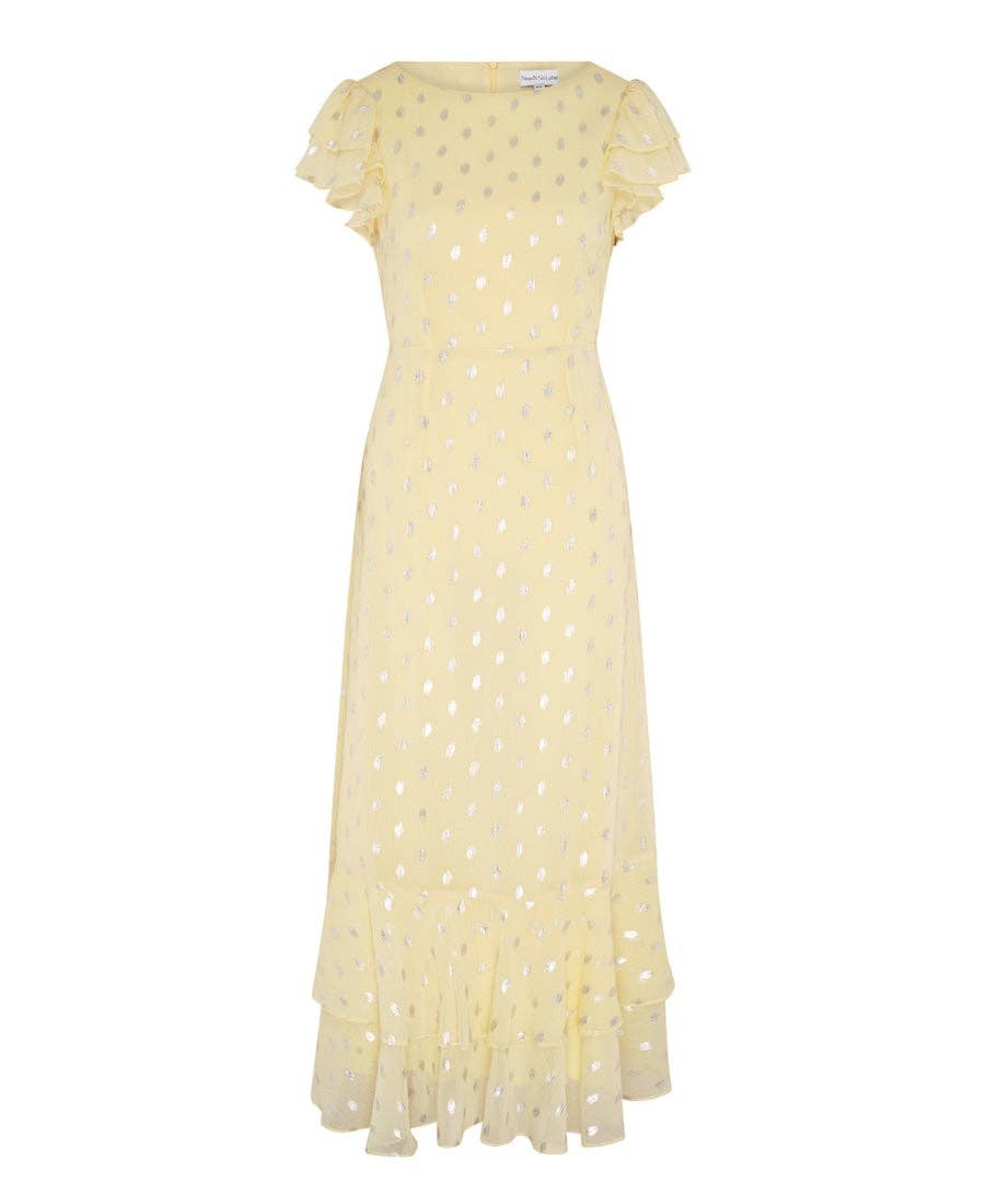 Lemon Flutter Sleeve Foil Midaxi Dress