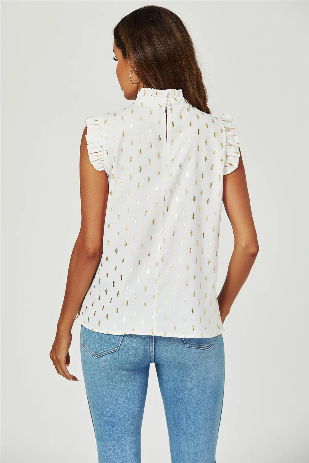 Gold Foil Frill Trim Sleeve High Neck Blouse