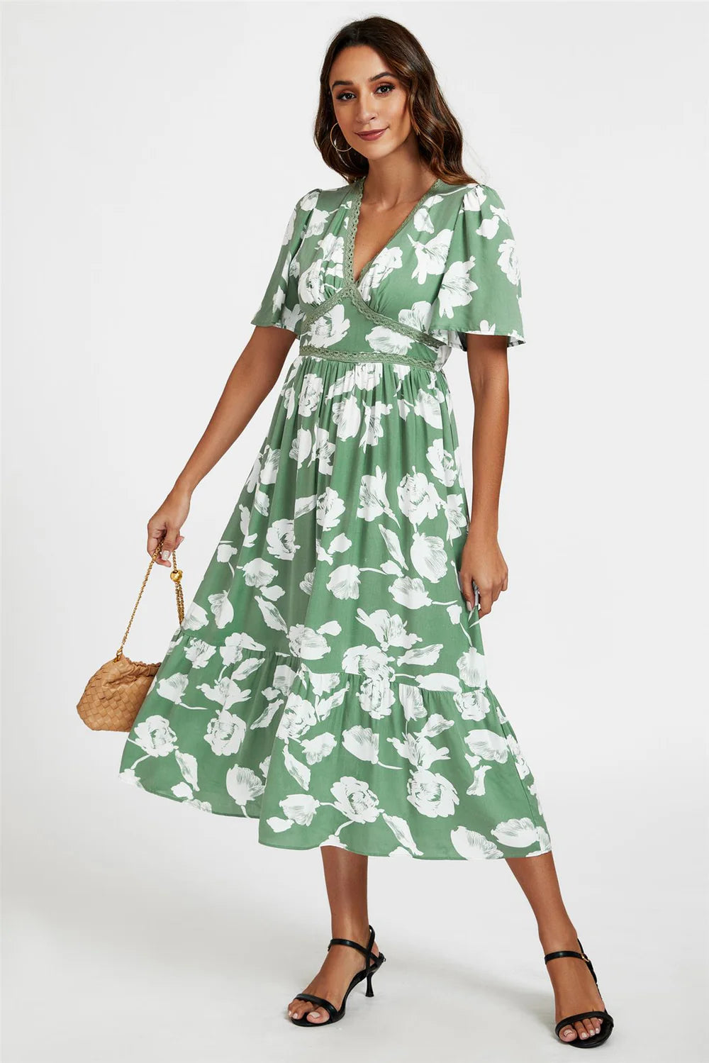 White Floral Print Midi Dress In Green