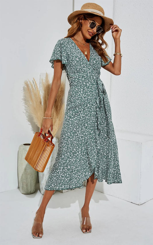 Floral print wrap dress in green