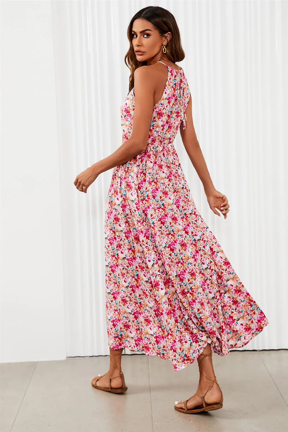 Floral Tie Halterneck Dress  in Pink.
