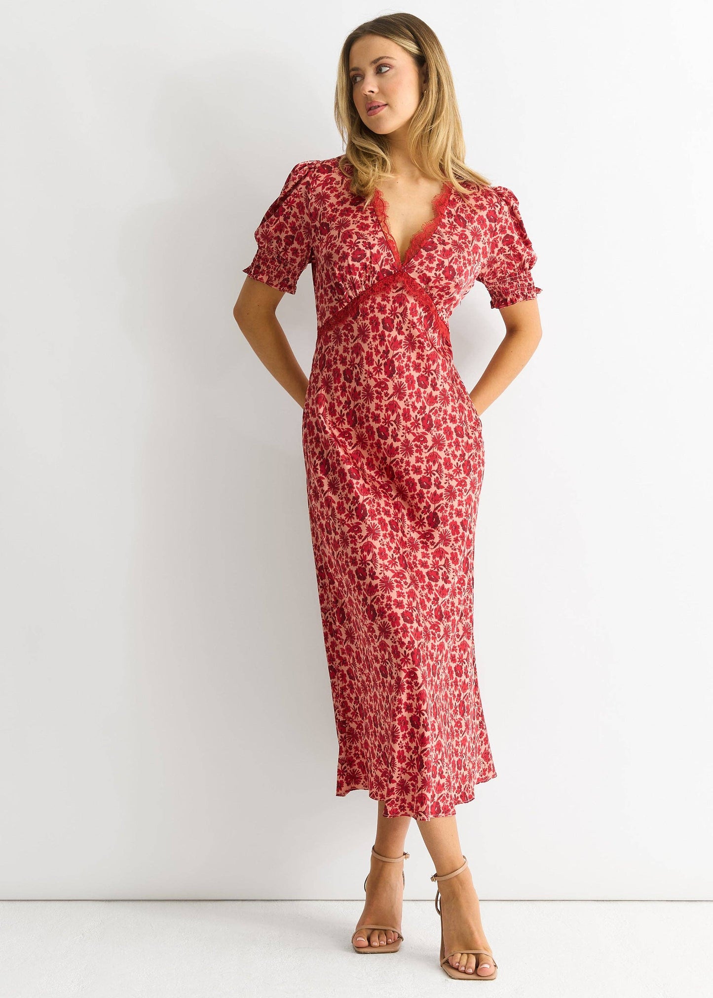 Red Floral Lace Trim V Neck Midi Dress