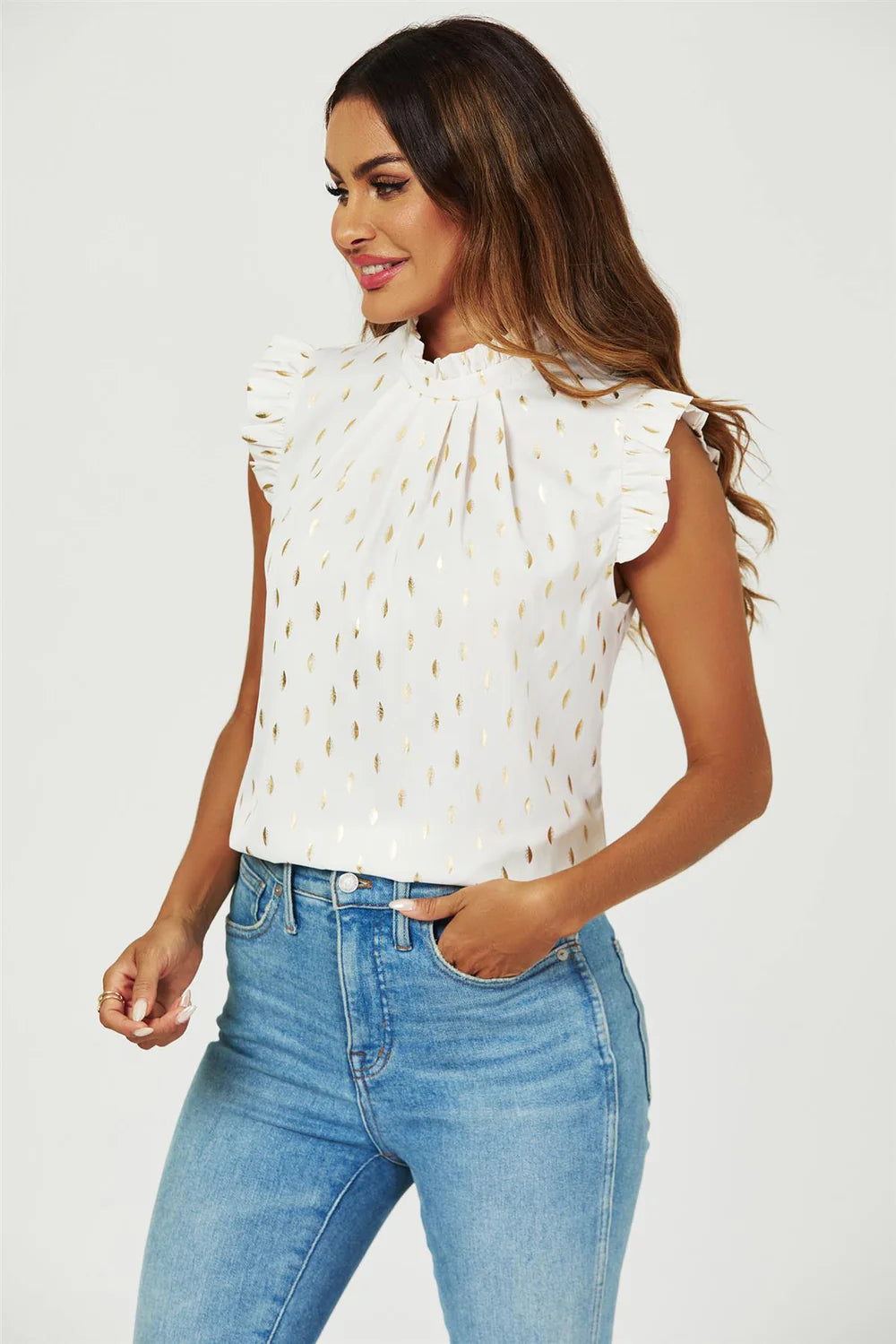 Gold Foil Frill Trim Sleeve High Neck Blouse