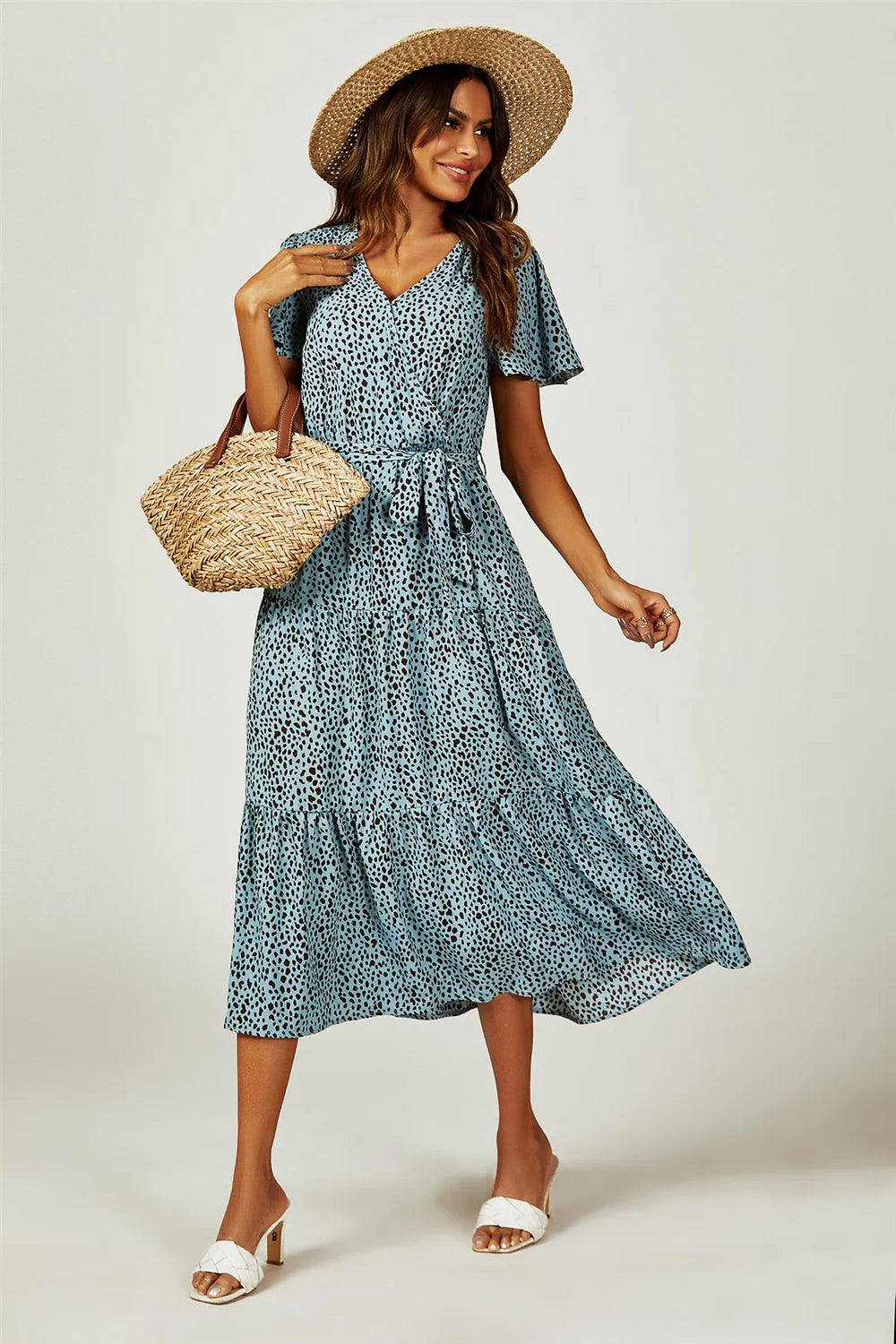 Leopard Print Wrap Midi Dress in Blue