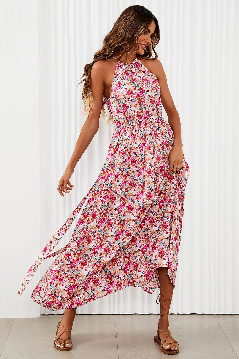 Floral Tie Halterneck Dress  in Pink.
