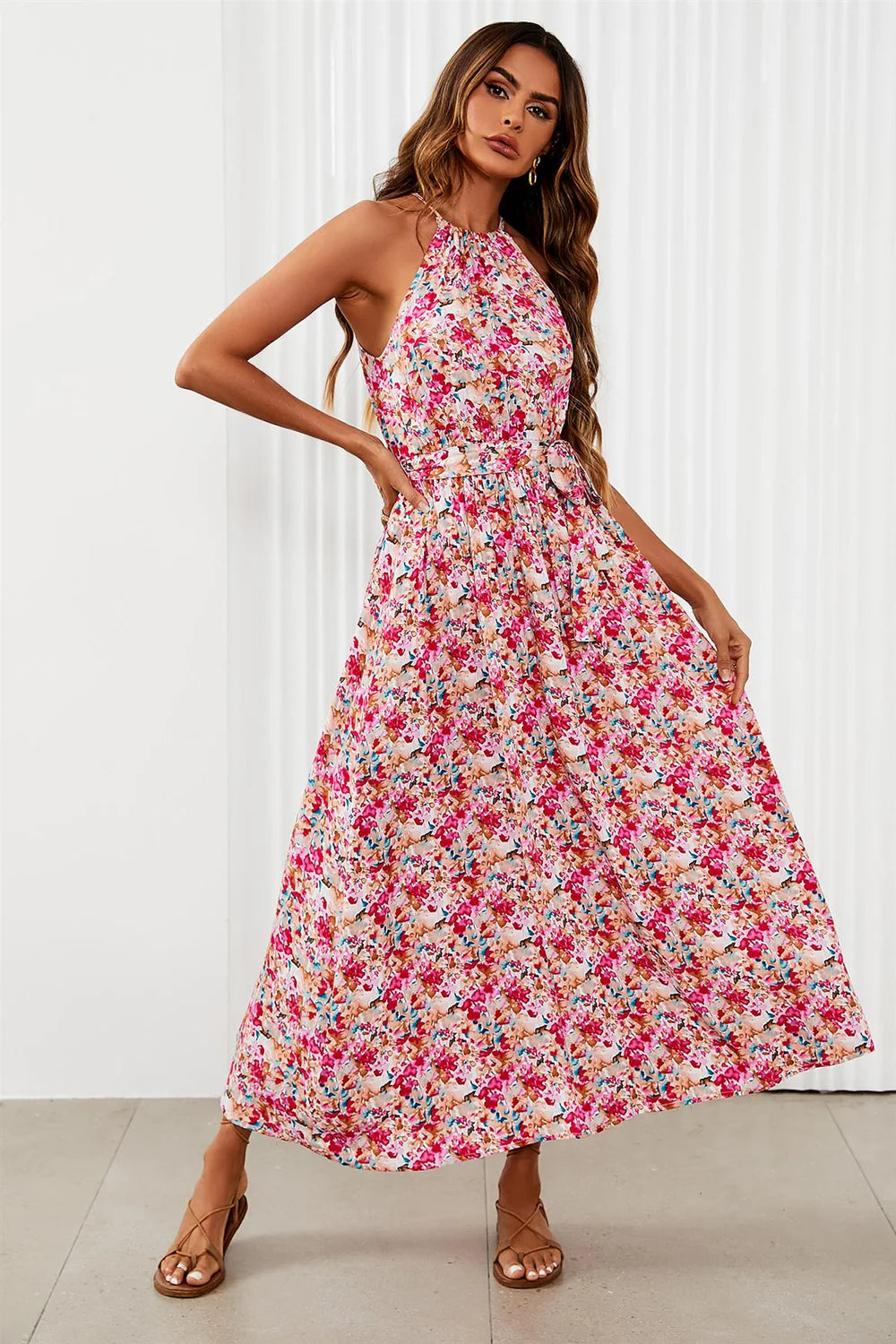 Floral Tie Halterneck Dress  in Pink.