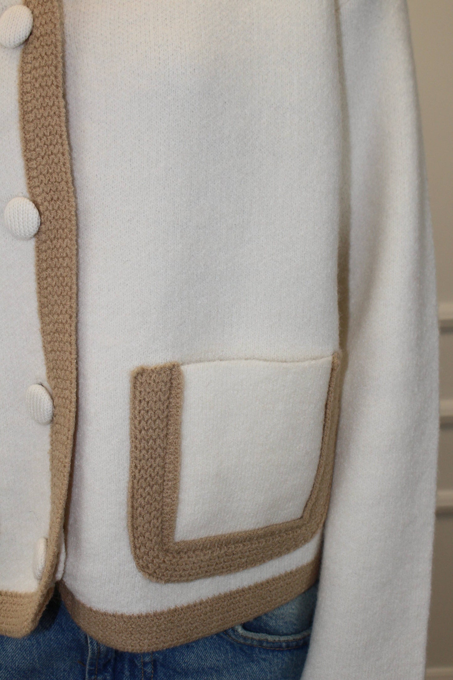Round neck button through cardigan in Off-White