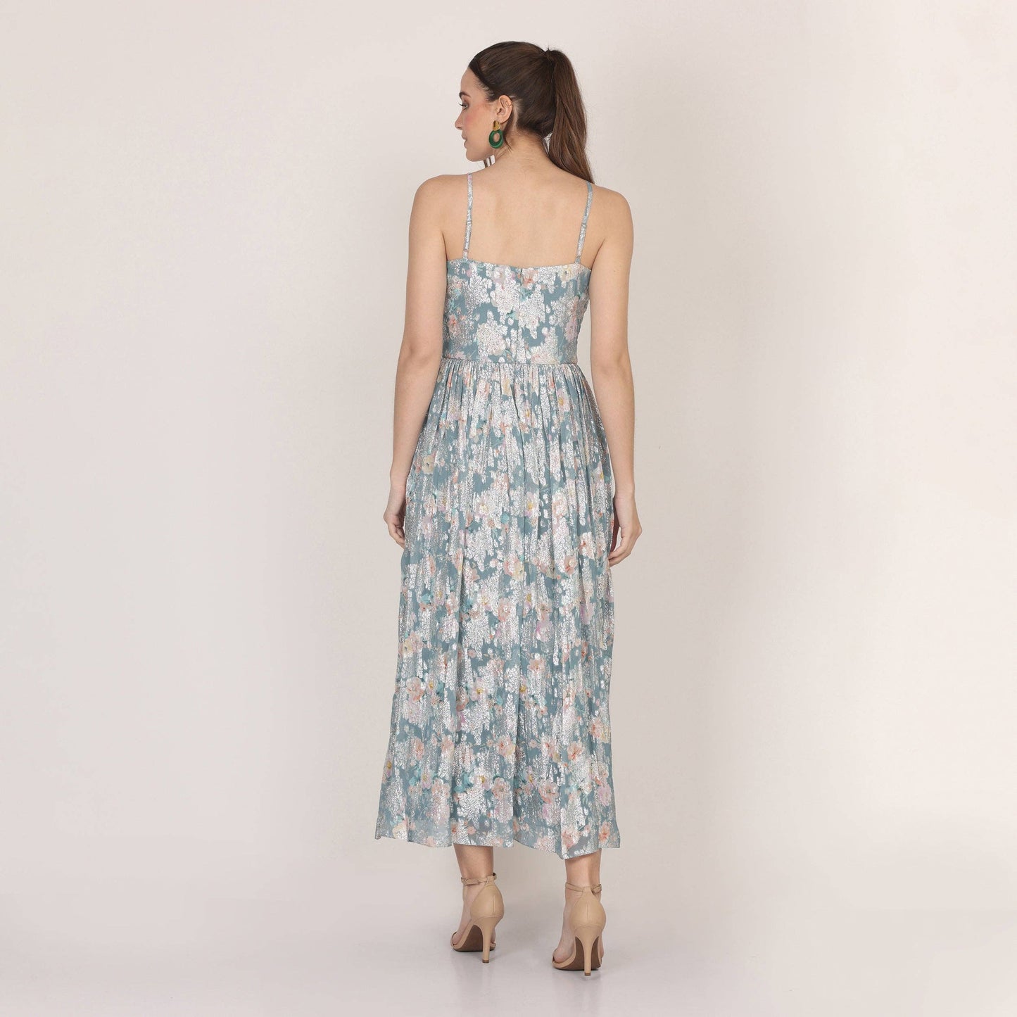Nelex Metallic Printed Midi Dress in Blue