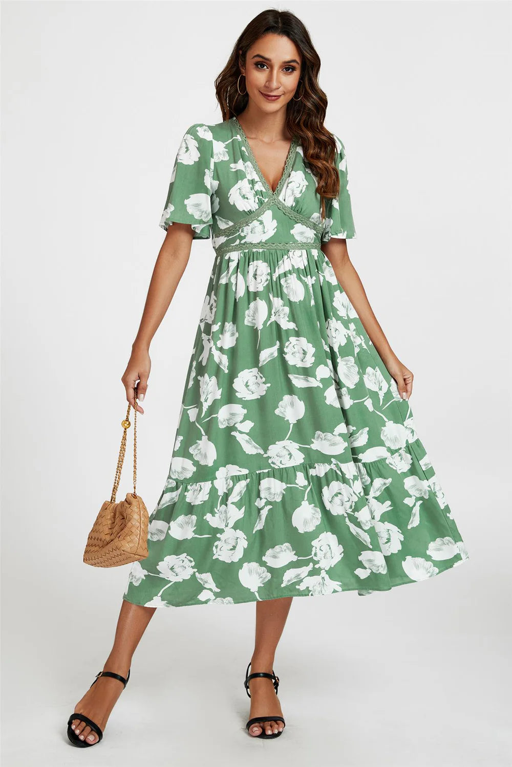 White Floral Print Midi Dress In Green